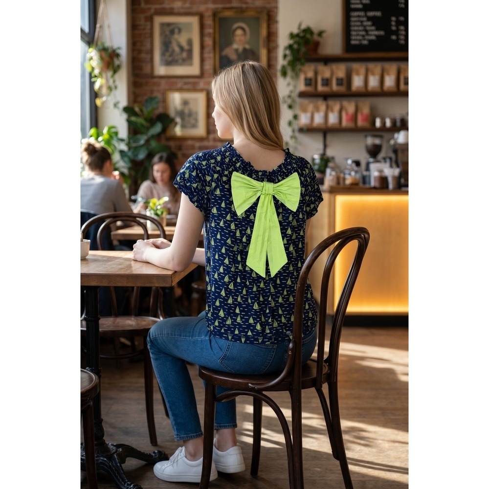 Porridge Anthropologie‎ Navy Blue Lime Green Sailboat Smocked Bow Back Blouse M